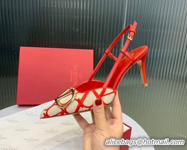 Unique Style Valentino VLogo Signature Slingback Pumps 8cm in Toile Iconographe Fabric Beige/Red 330024