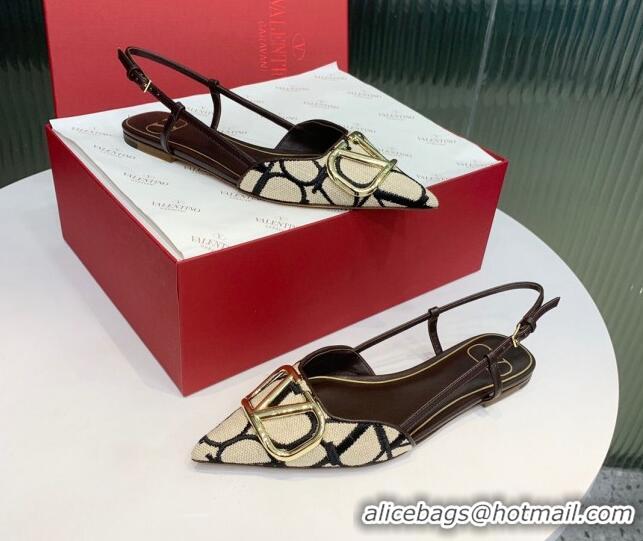 Pretty Style Valentino VLogo Signature Slingback Flat in Toile Iconographe Fabric Beige/Black/Brown 330025