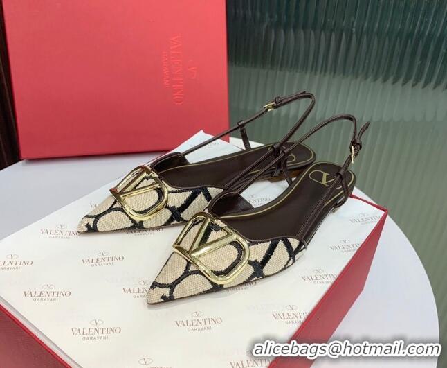 Pretty Style Valentino VLogo Signature Slingback Flat in Toile Iconographe Fabric Beige/Black/Brown 330025