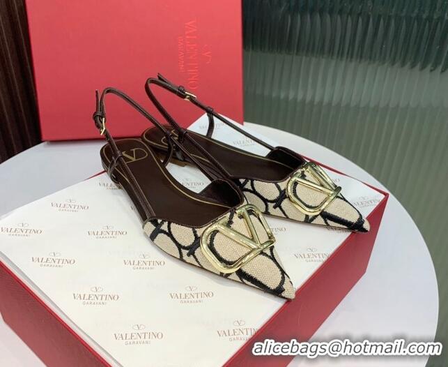 Pretty Style Valentino VLogo Signature Slingback Flat in Toile Iconographe Fabric Beige/Black/Brown 330025