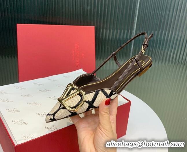 Pretty Style Valentino VLogo Signature Slingback Flat in Toile Iconographe Fabric Beige/Black/Brown 330025