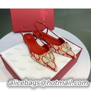 Top Design Valentino VLogo Signature Slingback Flat in Toile Iconographe Fabric Beige/Red 330026