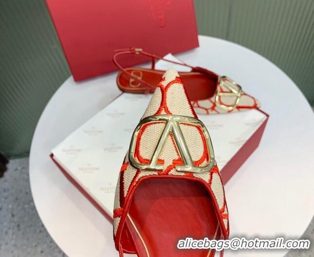 Top Design Valentino VLogo Signature Slingback Flat in Toile Iconographe Fabric Beige/Red 330026