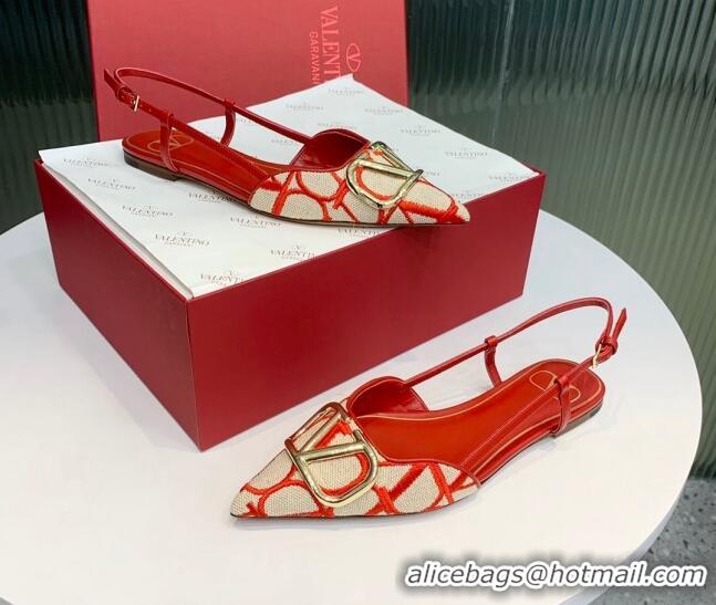 Top Design Valentino VLogo Signature Slingback Flat in Toile Iconographe Fabric Beige/Red 330026