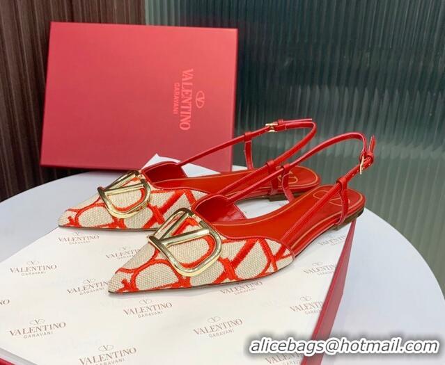 Top Design Valentino VLogo Signature Slingback Flat in Toile Iconographe Fabric Beige/Red 330026