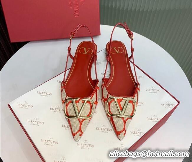 Top Design Valentino VLogo Signature Slingback Flat in Toile Iconographe Fabric Beige/Red 330026