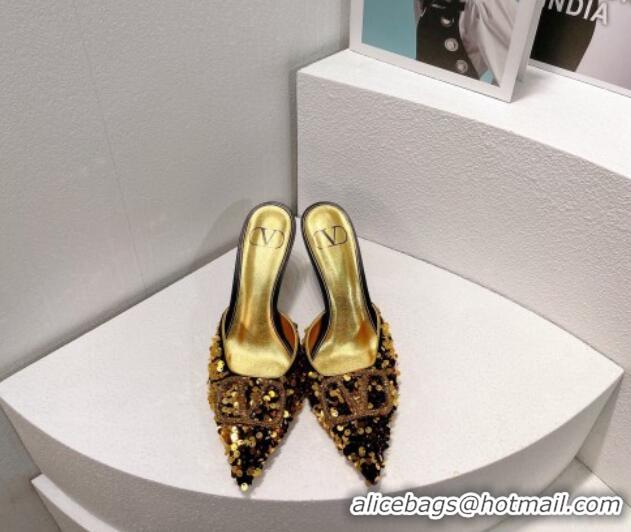 Best Grade Valentino Crystal VLogo Mules 8cm in Shiny Sequins Black/Gold 330027