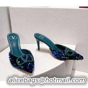 Top Grade Valentino Crystal VLogo Mules 8cm in Shiny Sequins Blue/Green 330028