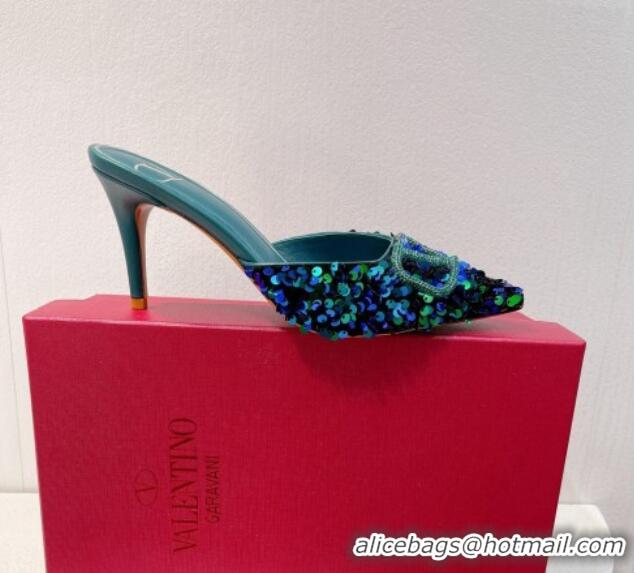 Top Grade Valentino Crystal VLogo Mules 8cm in Shiny Sequins Blue/Green 330028