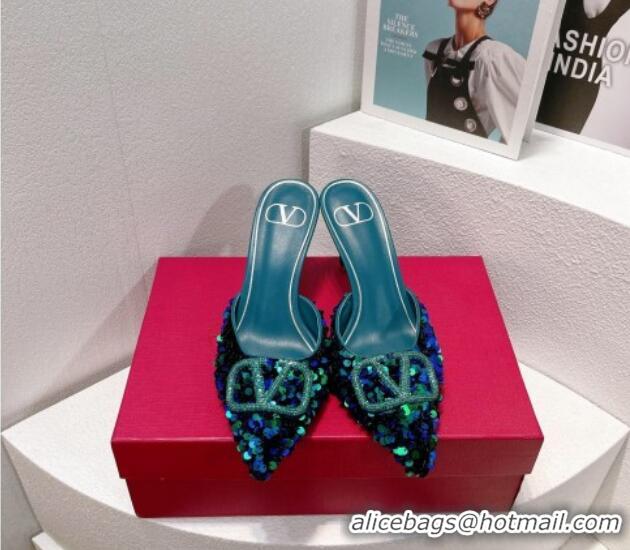 Top Grade Valentino Crystal VLogo Mules 8cm in Shiny Sequins Blue/Green 330028