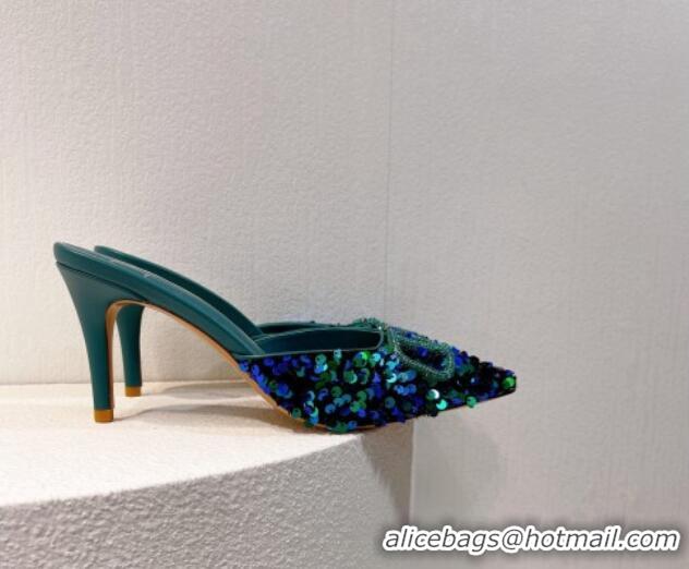 Top Grade Valentino Crystal VLogo Mules 8cm in Shiny Sequins Blue/Green 330028