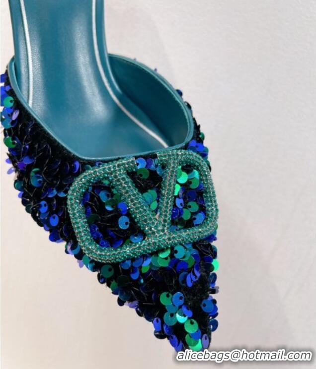 Top Grade Valentino Crystal VLogo Mules 8cm in Shiny Sequins Blue/Green 330028