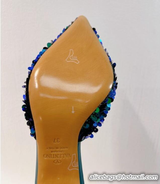 Top Grade Valentino Crystal VLogo Mules 8cm in Shiny Sequins Blue/Green 330028