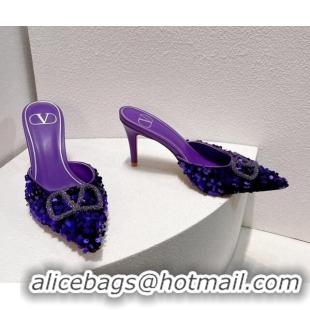 Duplicate Valentino Crystal VLogo Mules 8cm in Shiny Sequins Purple 330029