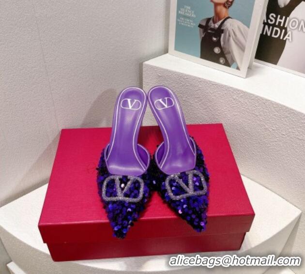 Duplicate Valentino Crystal VLogo Mules 8cm in Shiny Sequins Purple 330029