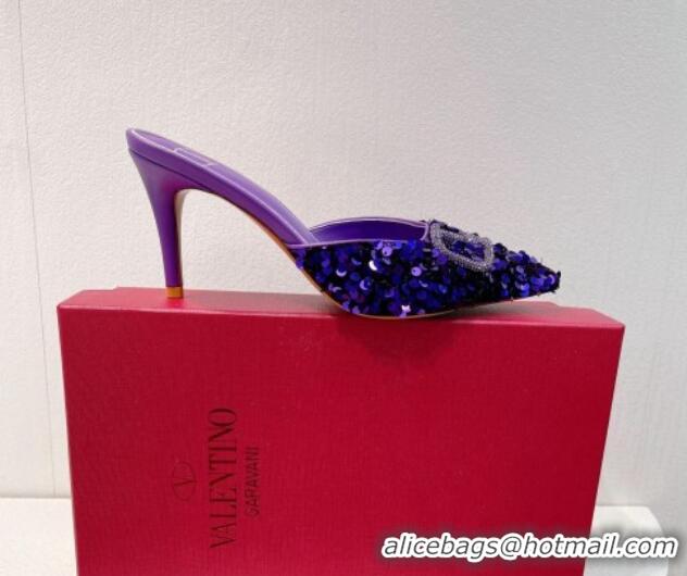 Duplicate Valentino Crystal VLogo Mules 8cm in Shiny Sequins Purple 330029