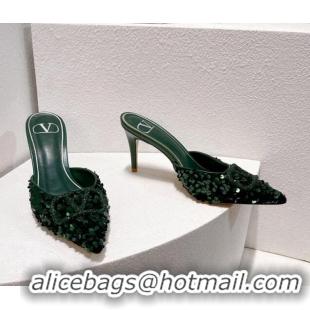 Unique Style Valentino Crystal VLogo Mules 8cm in Shiny Sequins Green 2330030