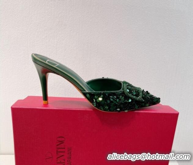 Unique Style Valentino Crystal VLogo Mules 8cm in Shiny Sequins Green 2330030