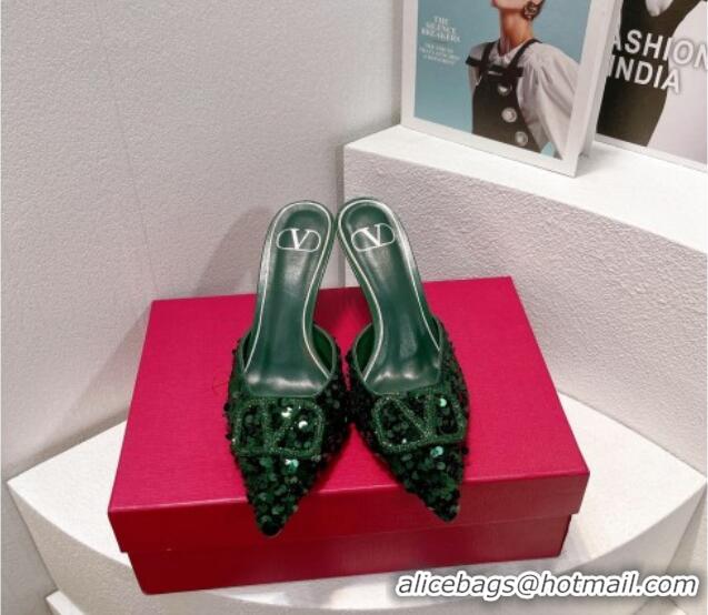 Unique Style Valentino Crystal VLogo Mules 8cm in Shiny Sequins Green 2330030