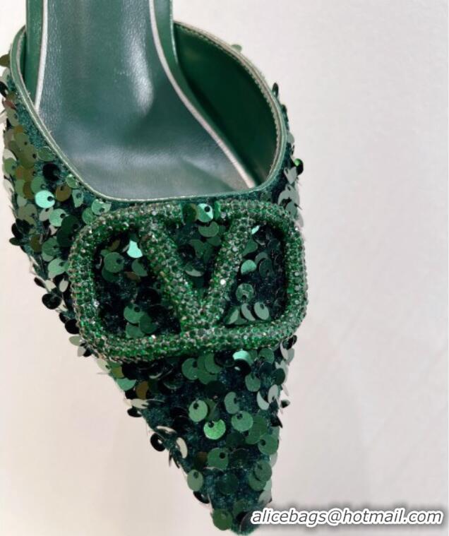 Unique Style Valentino Crystal VLogo Mules 8cm in Shiny Sequins Green 2330030