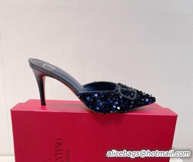 Best Price Valentino Crystal VLogo Mules 8cm in Shiny Sequins Royal Blue 330031