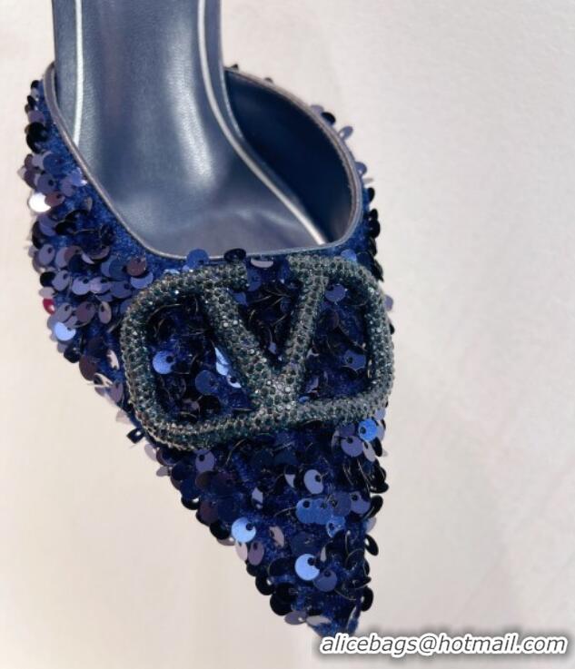 Best Price Valentino Crystal VLogo Mules 8cm in Shiny Sequins Royal Blue 330031