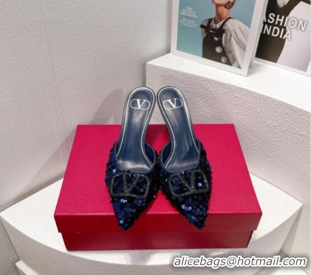 Best Price Valentino Crystal VLogo Mules 8cm in Shiny Sequins Royal Blue 330031