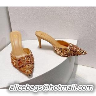 Best Product Valentino Crystal VLogo Mules 8cm in Shiny Sequins Beige 330032