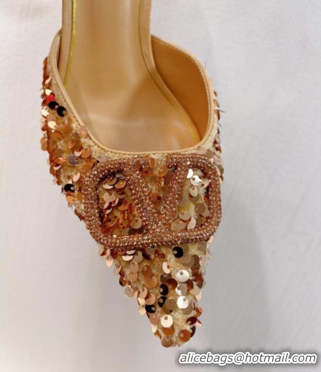 Best Product Valentino Crystal VLogo Mules 8cm in Shiny Sequins Beige 330032