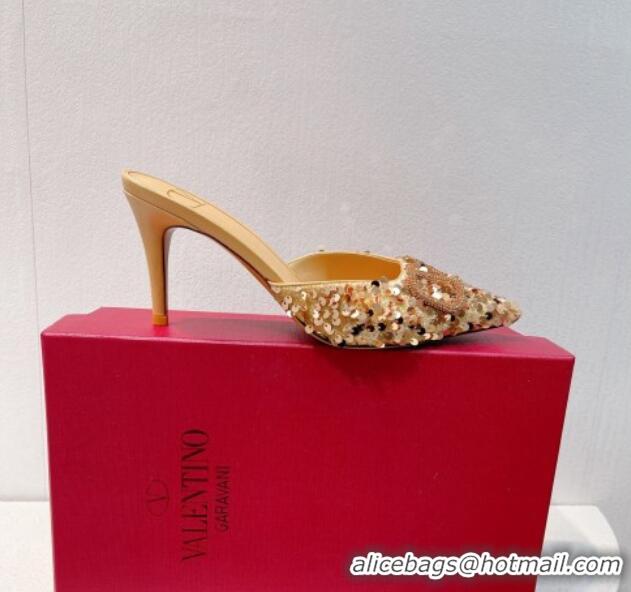 Best Product Valentino Crystal VLogo Mules 8cm in Shiny Sequins Beige 330032