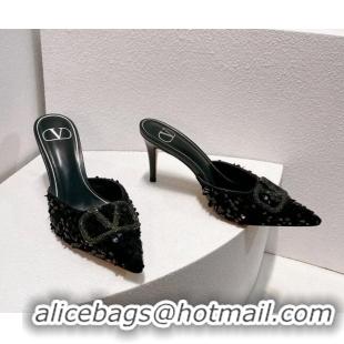 Shop Duplicate Valentino Crystal VLogo Mules 8cm in Shiny Sequins Black 330033