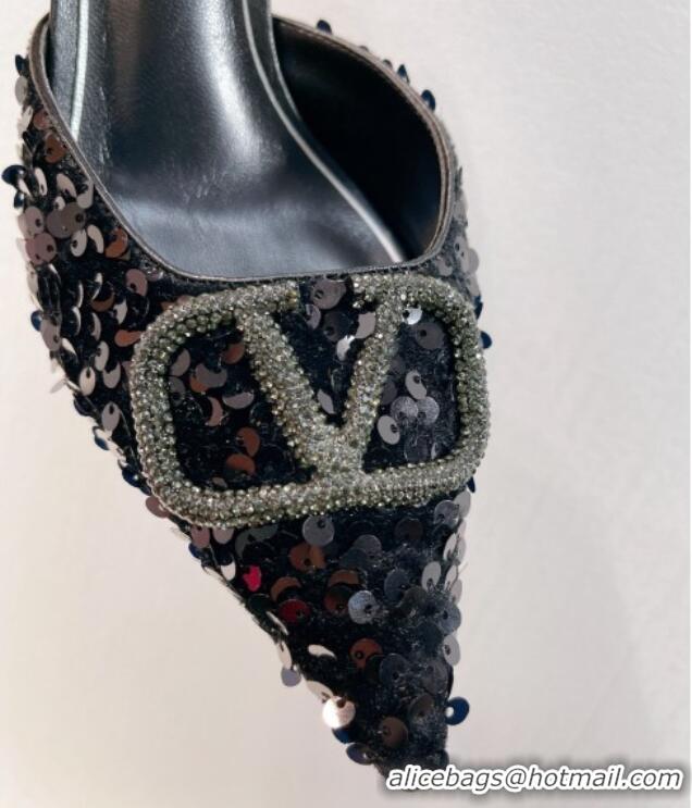 Shop Duplicate Valentino Crystal VLogo Mules 8cm in Shiny Sequins Black 330033