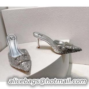 Sumptuous Valentino Crystal VLogo Mules 8cm in Shiny Sequins Silver 330034