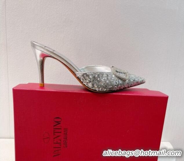 Sumptuous Valentino Crystal VLogo Mules 8cm in Shiny Sequins Silver 330034