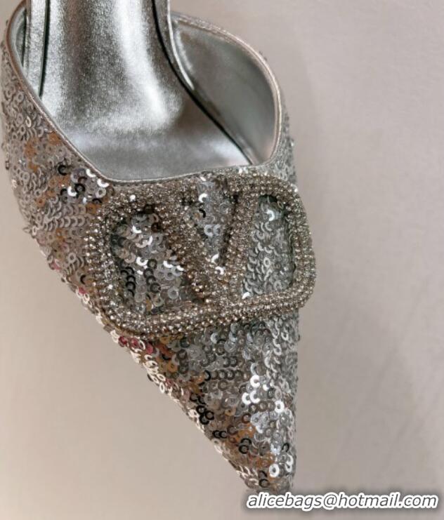 Sumptuous Valentino Crystal VLogo Mules 8cm in Shiny Sequins Silver 330034