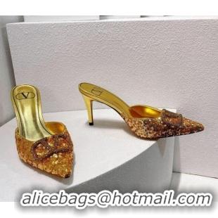 Hot Style Valentino Crystal VLogo Mules 8cm in Shiny Sequins Gold 330035