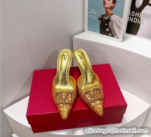 Hot Style Valentino Crystal VLogo Mules 8cm in Shiny Sequins Gold 330035