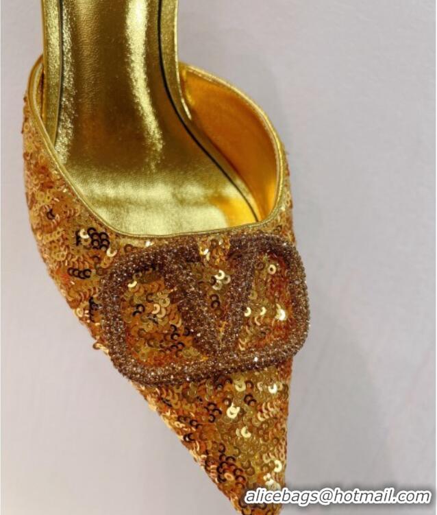 Hot Style Valentino Crystal VLogo Mules 8cm in Shiny Sequins Gold 330035