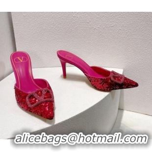 Good Quality Valentino Crystal VLogo Mules 8cm in Shiny Sequins Dark Pink 330036