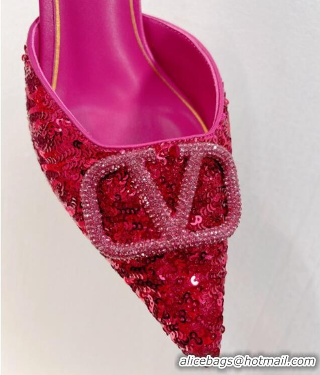 Good Quality Valentino Crystal VLogo Mules 8cm in Shiny Sequins Dark Pink 330036