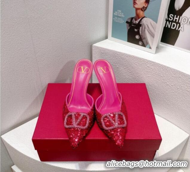 Good Quality Valentino Crystal VLogo Mules 8cm in Shiny Sequins Dark Pink 330036