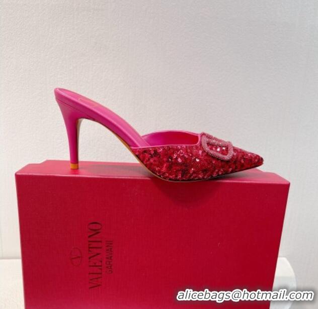 Good Quality Valentino Crystal VLogo Mules 8cm in Shiny Sequins Dark Pink 330036