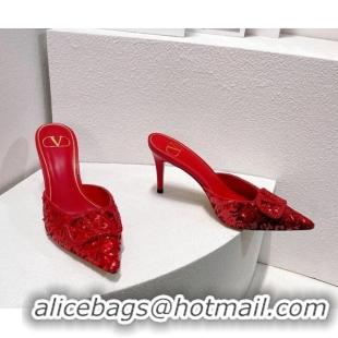 Grade Quality Valentino Crystal VLogo Mules 8cm in Shiny Sequins Red 330037