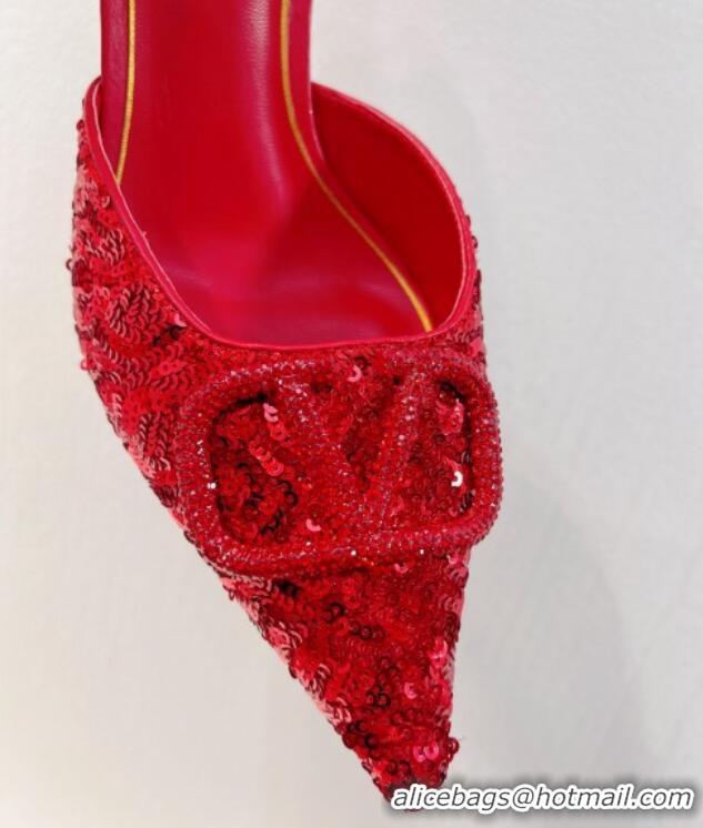 Grade Quality Valentino Crystal VLogo Mules 8cm in Shiny Sequins Red 330037