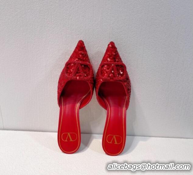 Grade Quality Valentino Crystal VLogo Mules 8cm in Shiny Sequins Red 330037