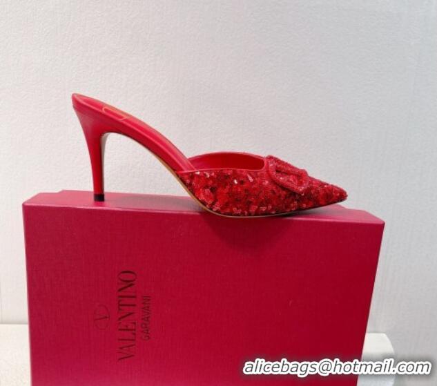 Grade Quality Valentino Crystal VLogo Mules 8cm in Shiny Sequins Red 330037