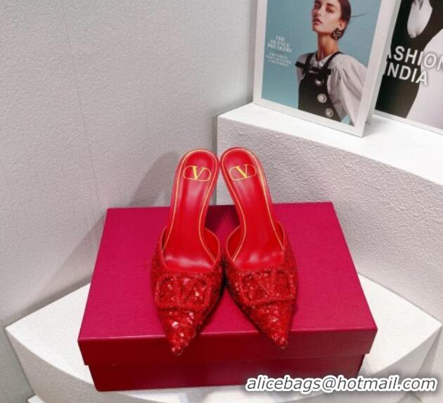 Grade Quality Valentino Crystal VLogo Mules 8cm in Shiny Sequins Red 330037