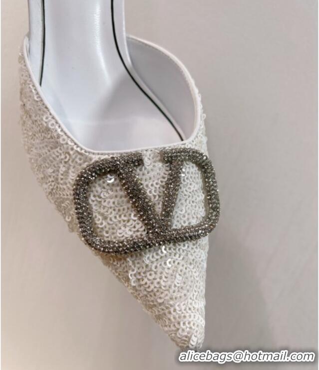 Classic Hot Valentino Crystal VLogo Mules 8cm in Shiny Sequins White 330038