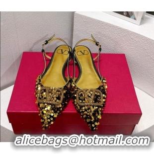 Popular Style Valentino Crystal VLogo Slingbacks Flat in Shiny Sequins Black/Gold 330039