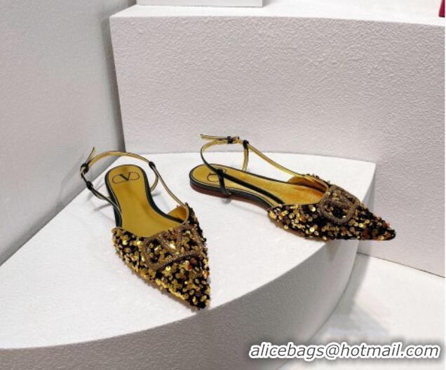 Popular Style Valentino Crystal VLogo Slingbacks Flat in Shiny Sequins Black/Gold 330039